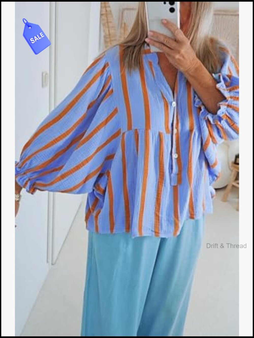 Women's Puff Sleeve Babydoll Top Striped V Neck Blouse Cotton Loose Fit Flowy - Picture 3 of 5